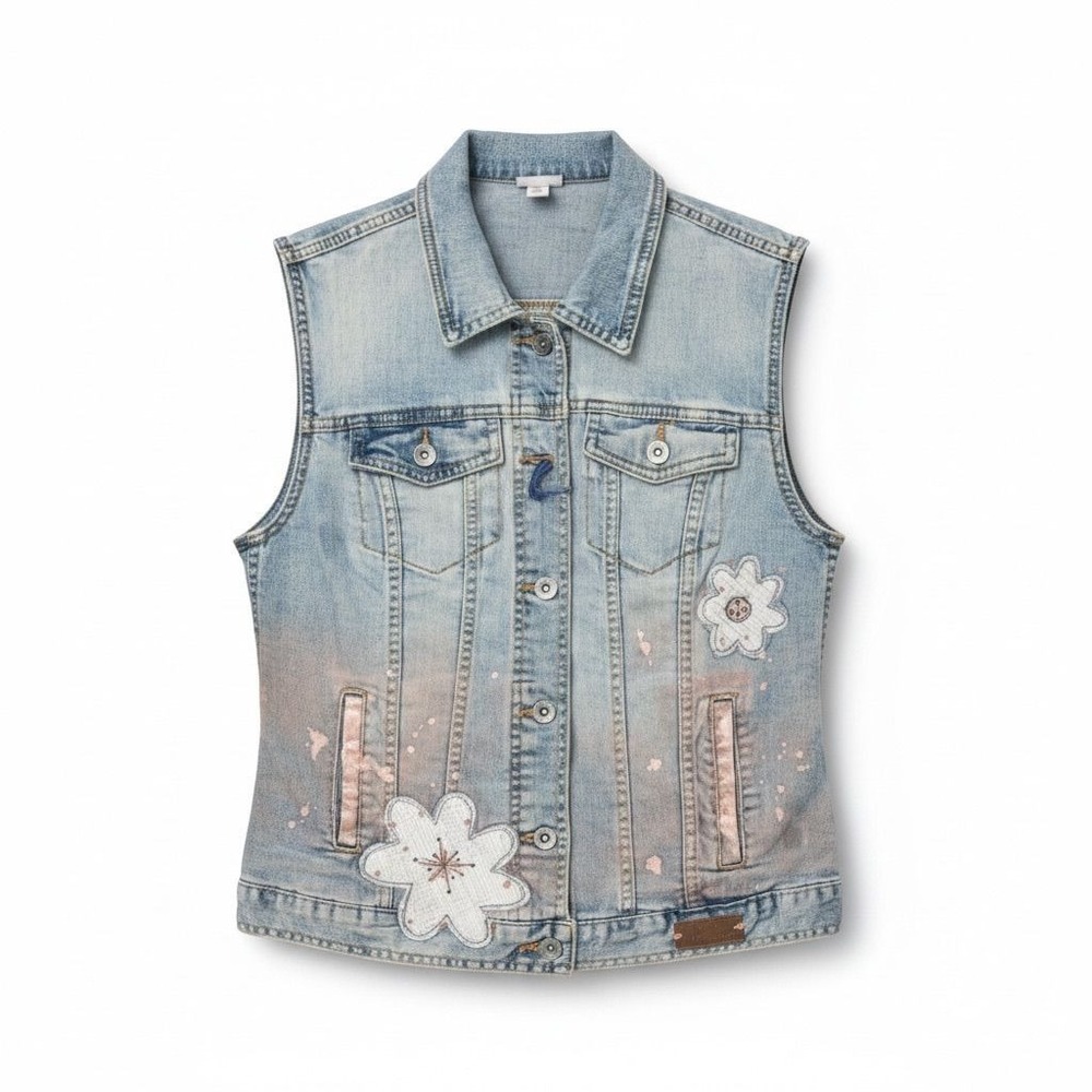 One of a Kind Custom Hand Painted Floral Denim Vest Light Wash Boho Mixed Media - Picture 2 of 3